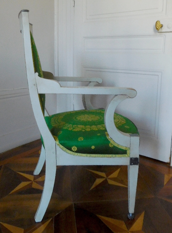 Empire officer armchair - lacquered wood & green silk garniture, France 19th century circa 1800-1810