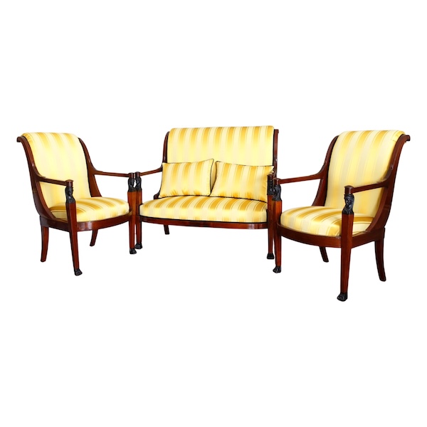Set of 3 French Consulate mahogany seats - 1 sofa, a pair of armchairs - attributed to Demay