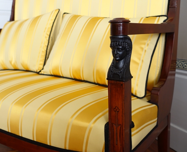 Set of 3 French Consulate mahogany seats - 1 sofa, a pair of armchairs - attributed to Demay