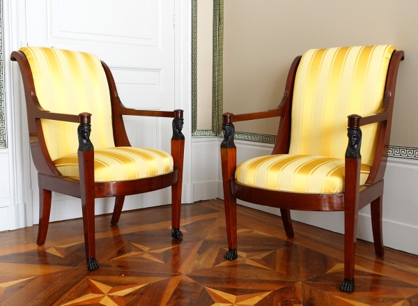 Set of 3 French Consulate mahogany seats - 1 sofa, a pair of armchairs - attributed to Demay