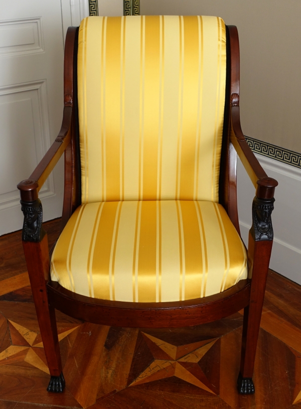 Set of 3 French Consulate mahogany seats - 1 sofa, a pair of armchairs - attributed to Demay