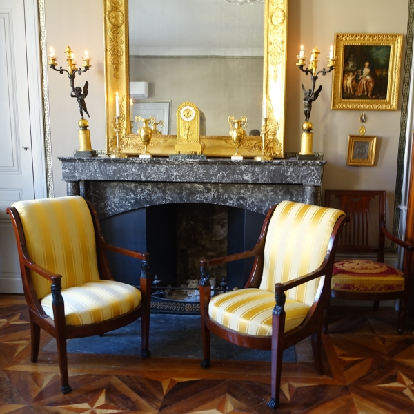 Set of 3 French Consulate mahogany seats - 1 sofa, a pair of armchairs - attributed to Demay