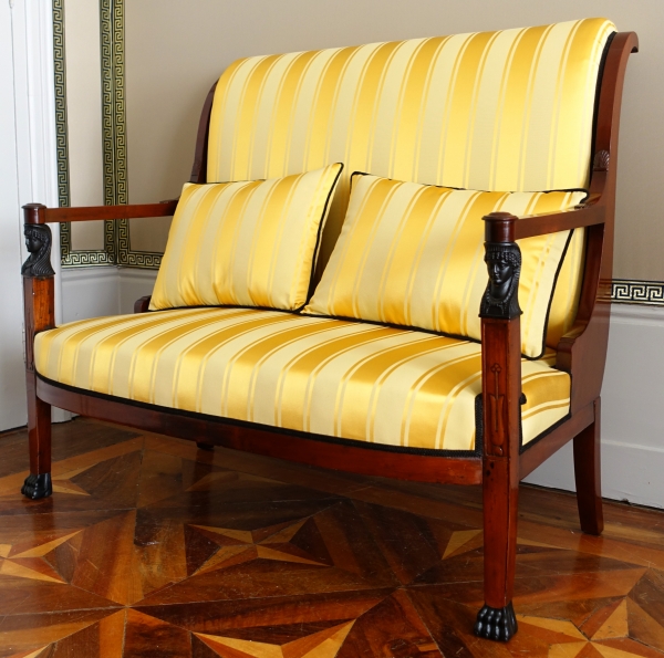 Set of 3 French Consulate mahogany seats - 1 sofa, a pair of armchairs - attributed to Demay