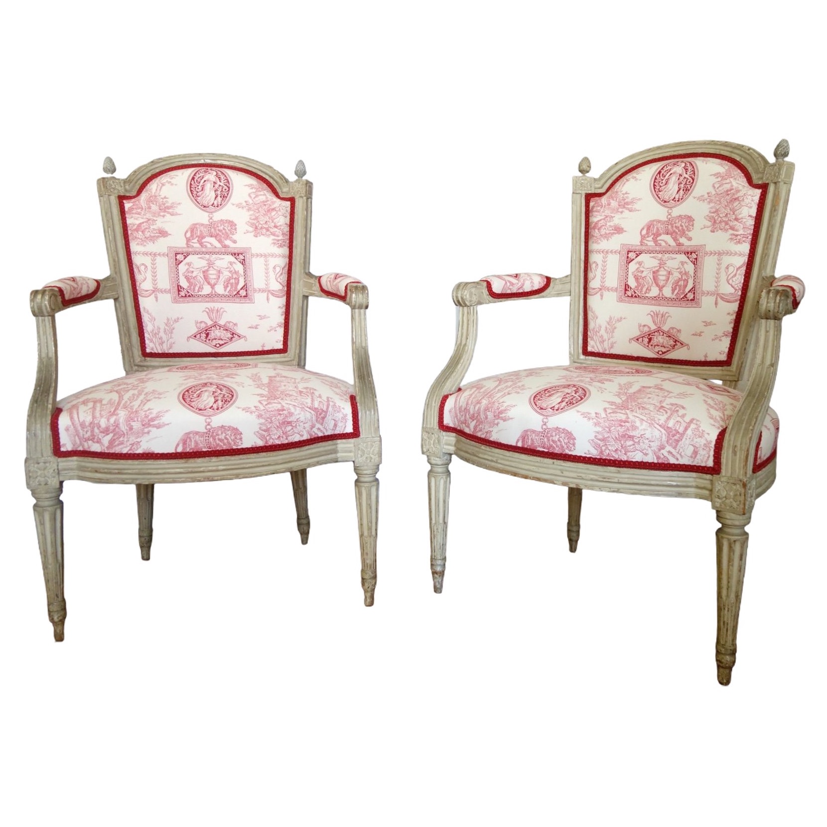 Paire de fauteuils cabriolets d'époque Louis XVI, toile de Jouy rose-rouge