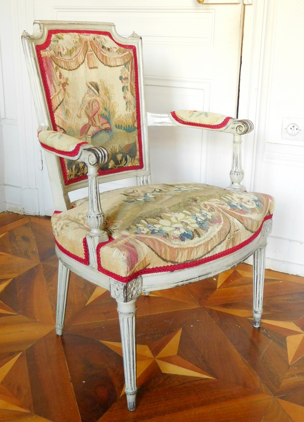 Pair of Louis XVI cabriolet armchairs - 18th century Aubusson tapestry - France 1785-1790