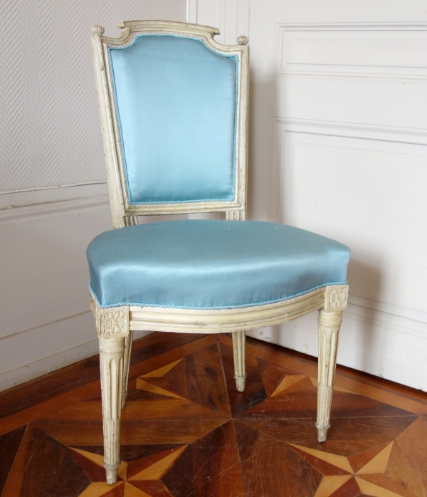 Pair of Louis XVI lacquered cabriolet chairs, light blue silk cover