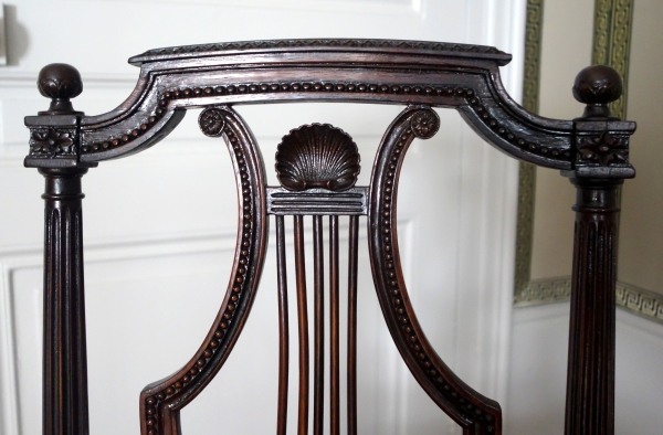 Compiegne - Mobilier de l'Empereur, paire de chaises lyre acajou époque Louis XVI par Deshayes