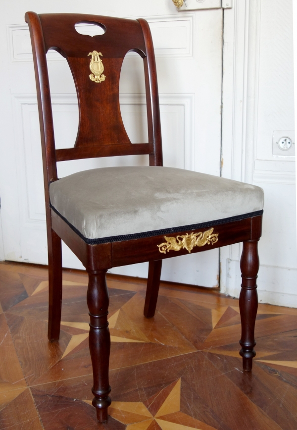 Pair of Empire mahogany and ormolu chairs, early 19th century, in the taste of Bellange