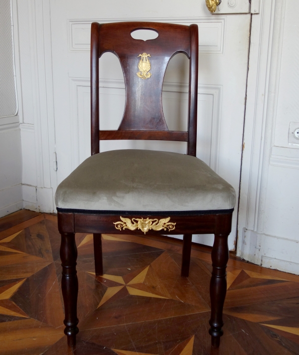 Pair of Empire mahogany and ormolu chairs, early 19th century, in the taste of Bellange