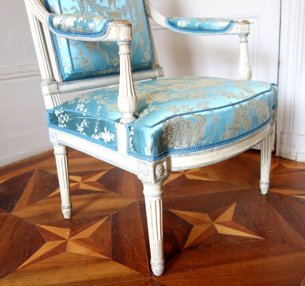 Paire of Louis XVI armchairs, late 18th century circa 1788-1790, light blue silk