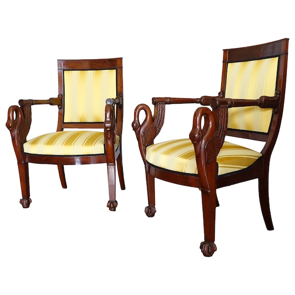 Pair of Empire mahogany armchairs - swan-shaped armrests - attributed to Bellangé