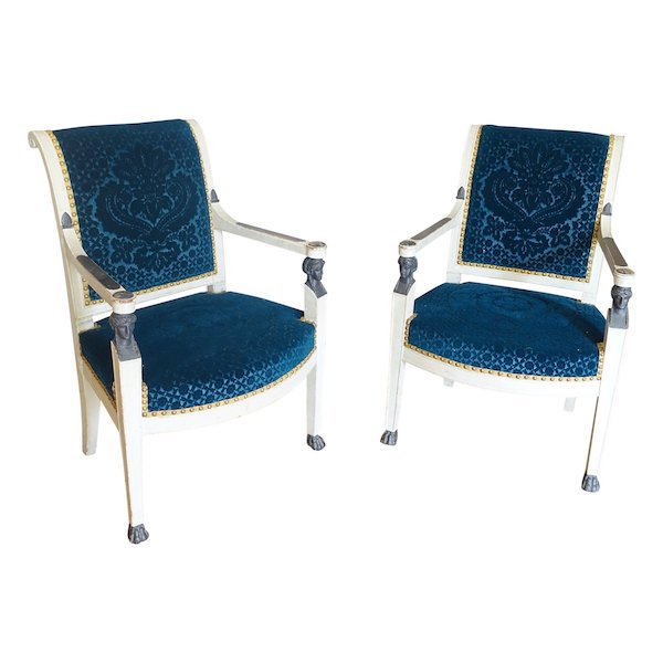 Pair of Empire lacquered armchairs, Lelievre Bonvallet blue velvet - circa 1800