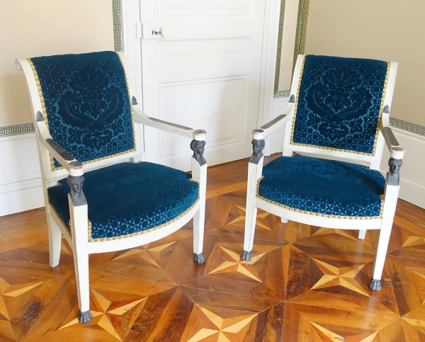 Pair of Empire lacquered armchairs, Lelievre Bonvallet blue velvet - circa 1800