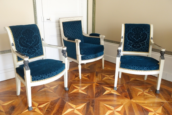 Pair of Empire lacquered armchairs, Lelievre Bonvallet blue velvet - circa 1800