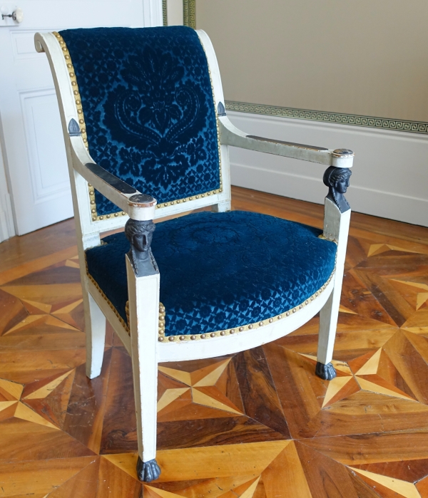 Pair of Empire lacquered armchairs, Lelievre Bonvallet blue velvet - circa 1800