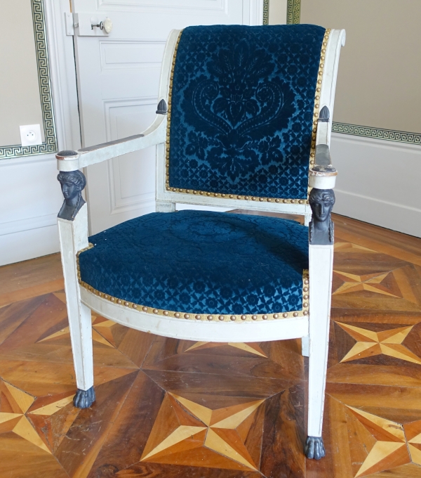 Pair of Empire lacquered armchairs, Lelievre Bonvallet blue velvet - circa 1800