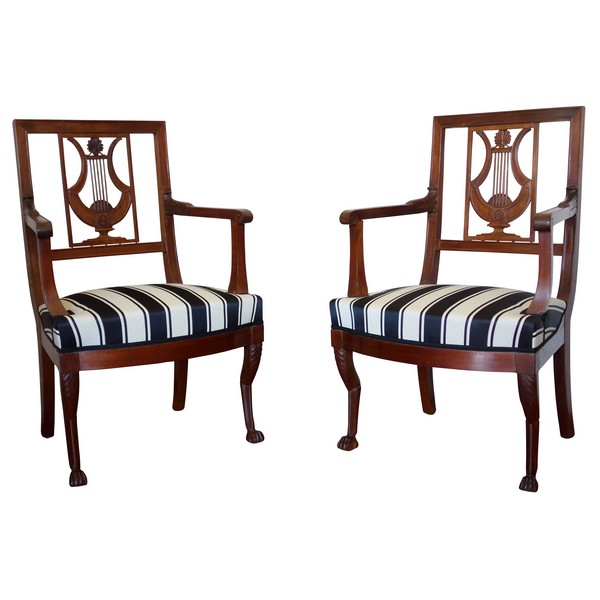 Pair of Directoire mahogany armchairs, lyra-shaped backrest, late 18th century