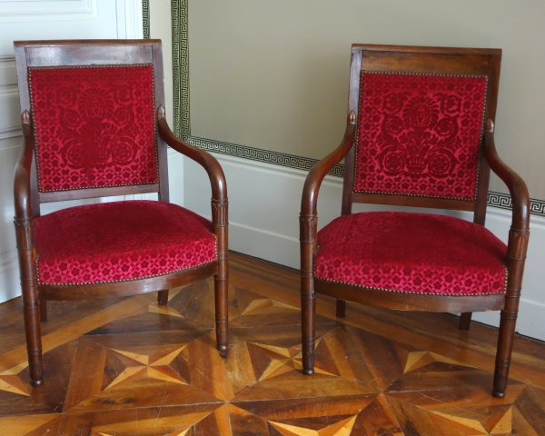 Pair of Empire mahogany armchairs, red velvet by Manufacture Bonvallet - 19th century