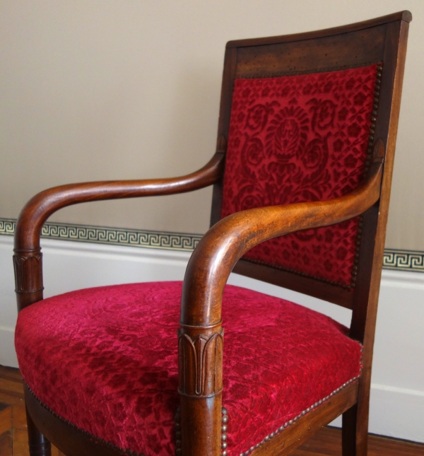 Pair of Empire mahogany armchairs, red velvet by Manufacture Bonvallet - 19th century