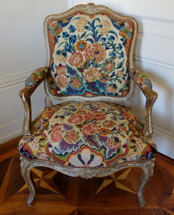 Pair of Louis XV style armchairs covered with 18th century tapestries