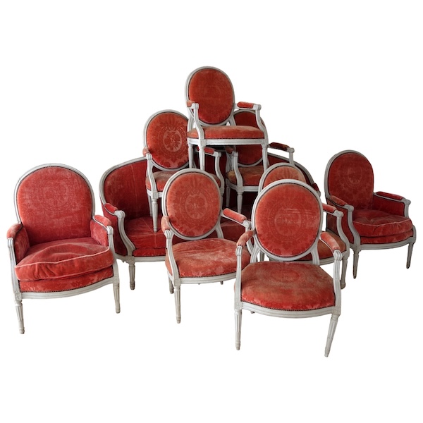 Louis XVI living room suite - 9 pieces - stamped Jacques Lechartier