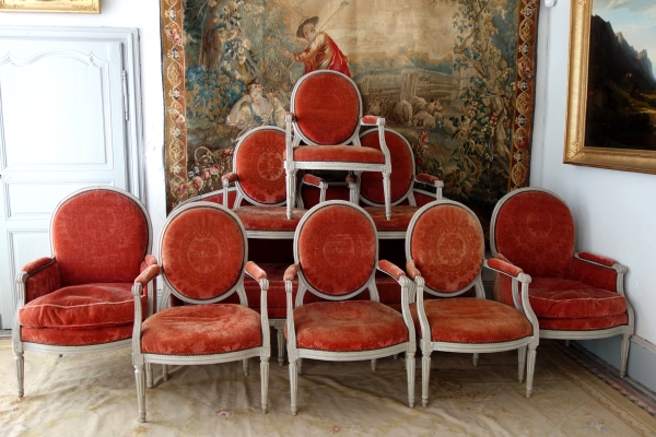 Louis XVI living room suite - 9 pieces - stamped Jacques Lechartier