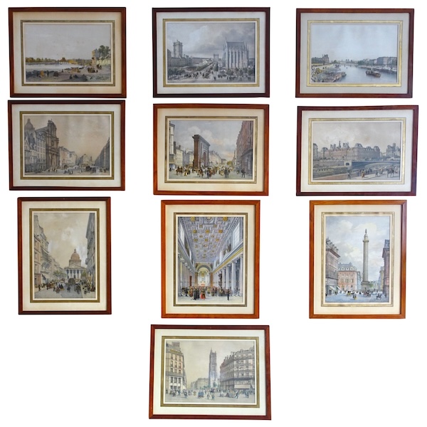 Set of 10 colourized lithographs : Paris places, Napoleon III period, mahogany frames