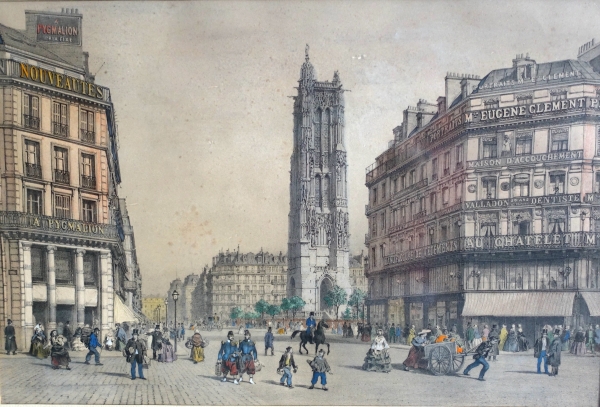 Les monuments de Paris : suite de 10 gravures colorisées d'époque Napoléon III - cadres en acajou