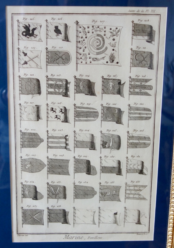 8 planches de l'Encyclopédie XVIIIe - pavillons de Marine dans des cadres en bois doré d'époque Empire