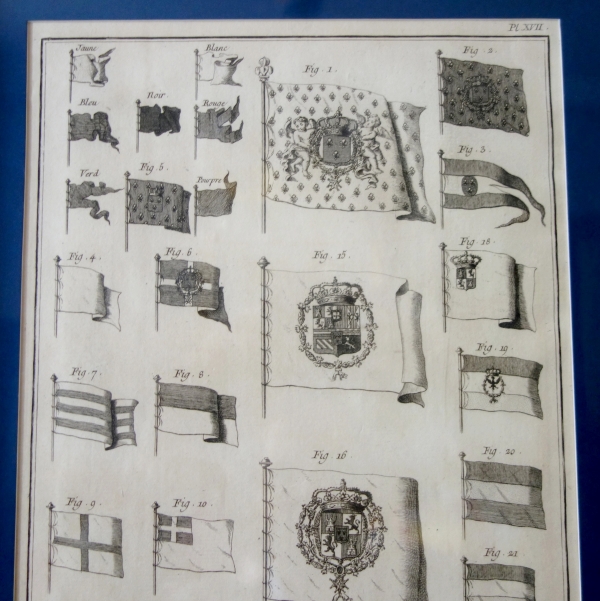 8 planches de l'Encyclopédie XVIIIe - pavillons de Marine dans des cadres en bois doré d'époque Empire