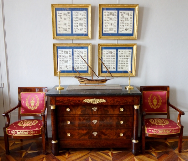 Collection of 18th century engravings : Navy flags set into Empire gilt wood frames