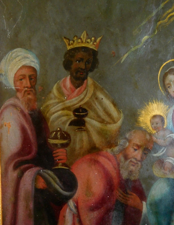 17th century school, Nativity scene, 3 Wise Men Adoration - oil on copper