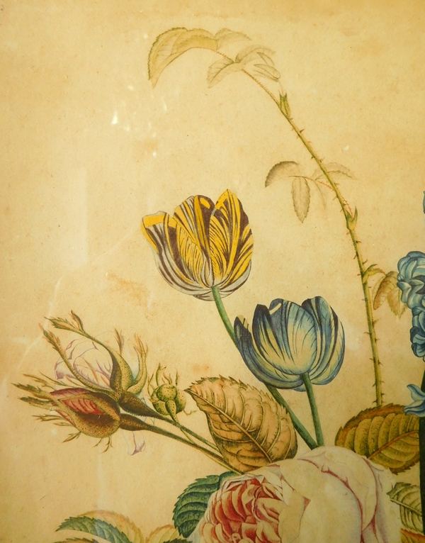 Ecole de Pierre-Joseph Redouté, bouquet de fleurs, aquarelle et gouache, époque Empire