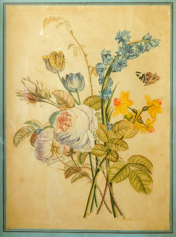 Pierre Joseph Redouté school, flowers bouquet watercolor, Empire painting, early 19th century