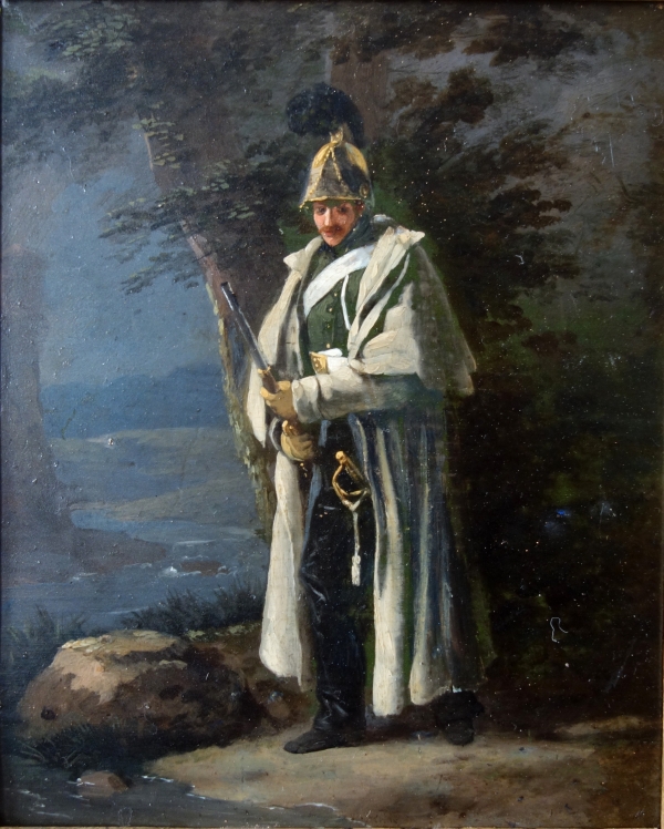 Nicolas Toussaint Charlet : military man standing night guard, oil on panel, 19th century circa 1818