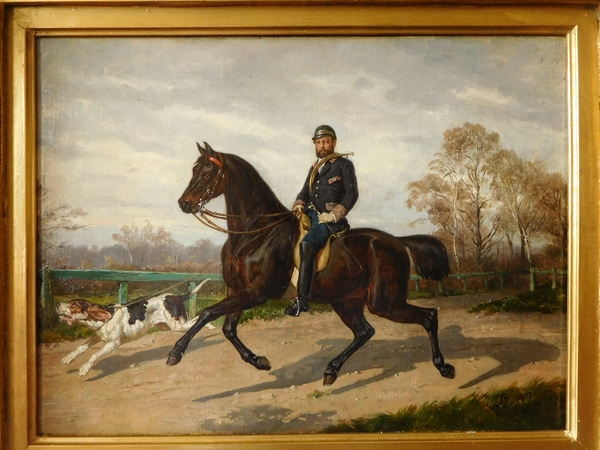 Aristocrat stag-hunter and his dog, oil on canvas - 19th century 1879
