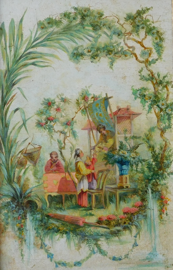 Chinoiseries dans le goût de Pillement, huile sur panneau époque XIXe siècle