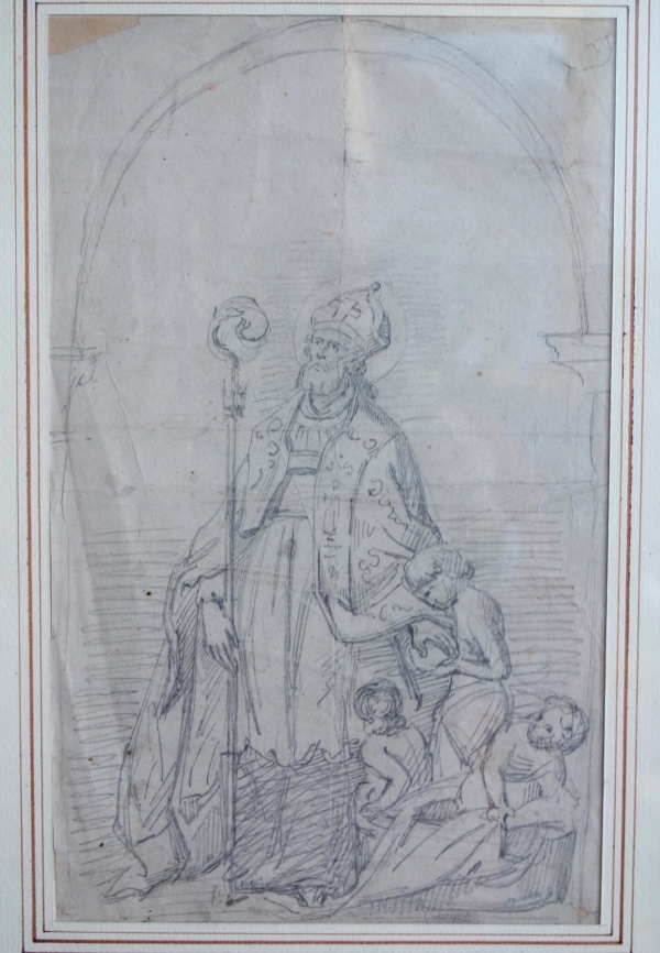 Saint Nicolas, dessin au crayon sur papier attribué à Tommaso Minardi - beau cadre en bois doré