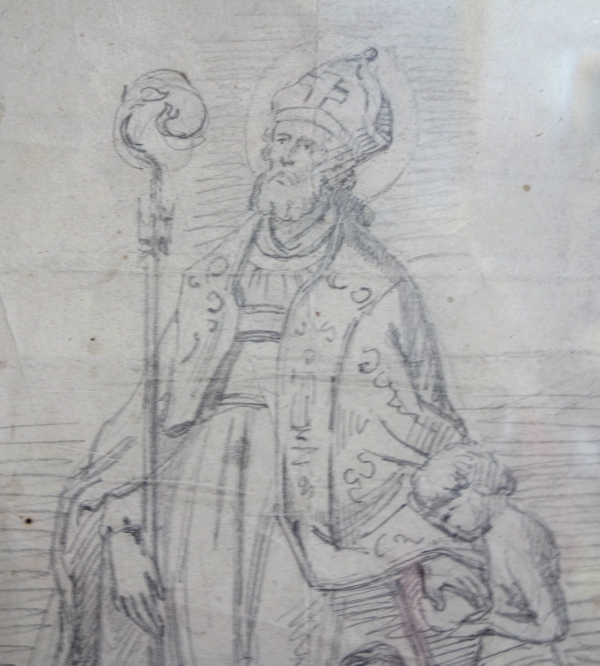 Saint Nicolas, dessin au crayon sur papier attribué à Tommaso Minardi - beau cadre en bois doré