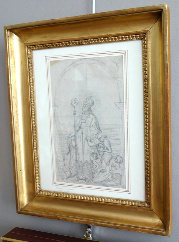 Saint Nicolas, dessin au crayon sur papier attribué à Tommaso Minardi - beau cadre en bois doré