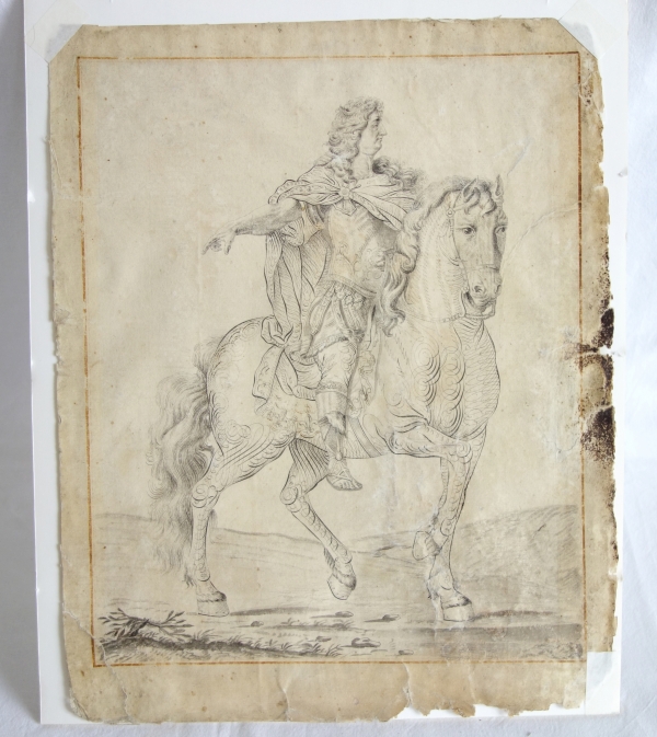 Portrait équestre de Louis XIV, dessin à la plume attribué à Jean-joseph Bernard, XVIIIe siècle