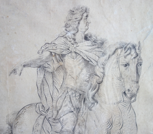 Portrait équestre de Louis XIV, dessin à la plume attribué à Jean-joseph Bernard, XVIIIe siècle