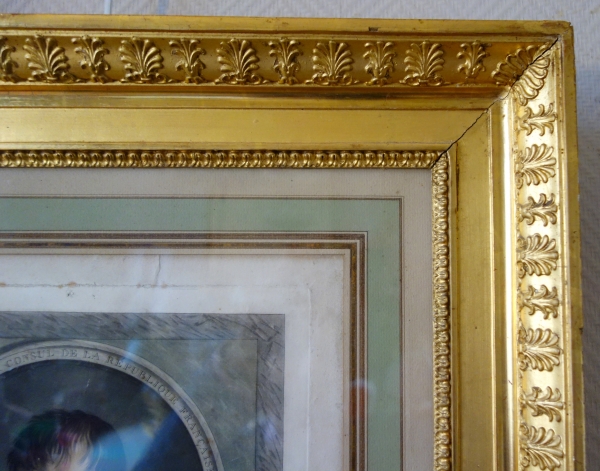 Eau-forte aquarellée : revue du Quintidi par Napoléon Bonaparte 1er Consul, cadre en bois doré