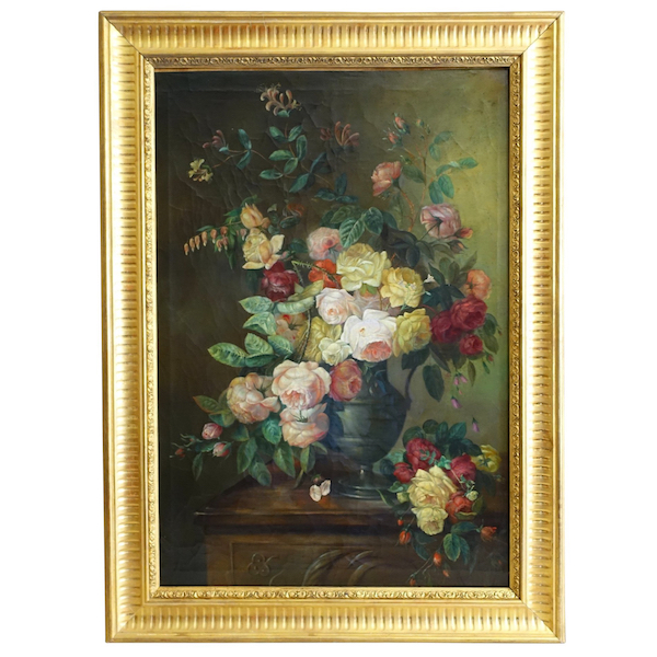 Nature morte, école Lyonnaise du XIXe siècle, bouquet de fleurs / roses - 104cm x 76,5cm