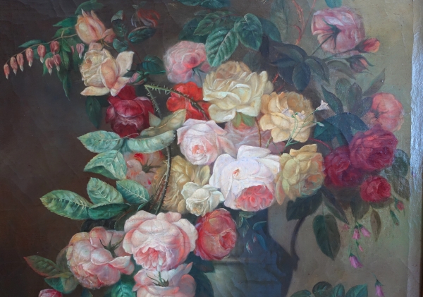 Nature morte, école Lyonnaise du XIXe siècle, bouquet de fleurs / roses - 104cm x 76,5cm