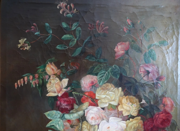 Nature morte, école Lyonnaise du XIXe siècle, bouquet de fleurs / roses - 104cm x 76,5cm