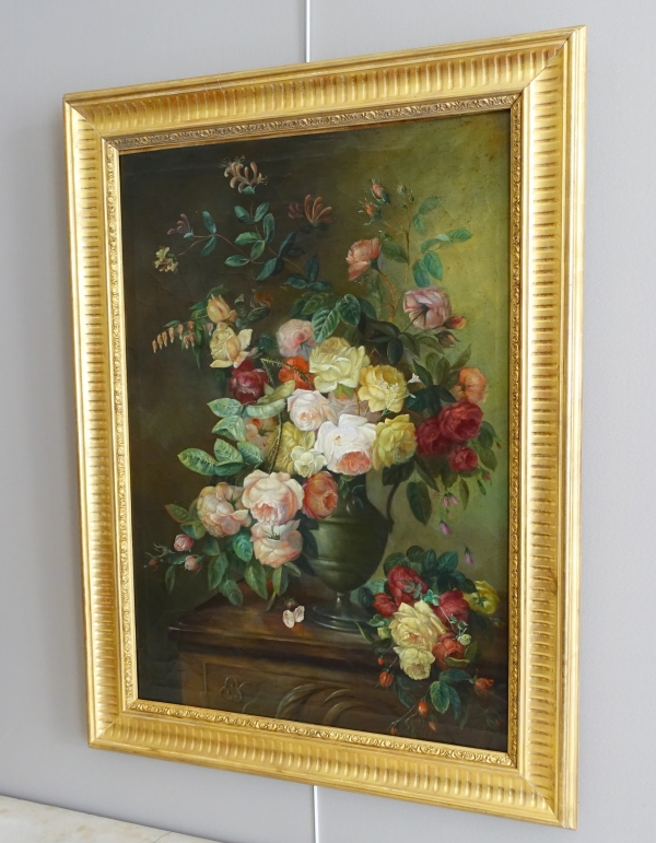 Nature morte, école Lyonnaise du XIXe siècle, bouquet de fleurs / roses - 104cm x 76,5cm