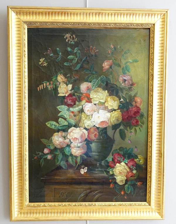 Nature morte, école Lyonnaise du XIXe siècle, bouquet de fleurs / roses - 104cm x 76,5cm