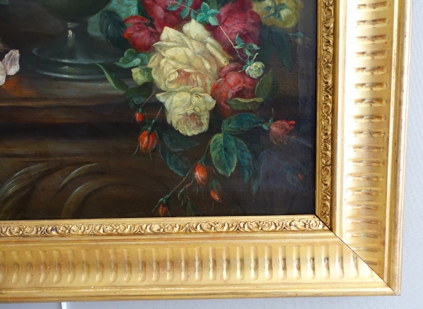 Nature morte, école Lyonnaise du XIXe siècle, bouquet de fleurs / roses - 104cm x 76,5cm