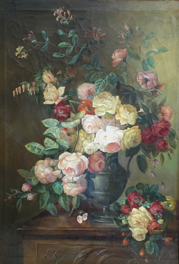 Nature morte, école Lyonnaise du XIXe siècle, bouquet de fleurs / roses - 104cm x 76,5cm